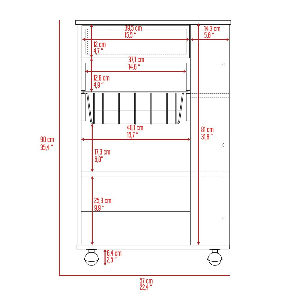 Rosemont Kitchen Cart, Two Open Shelves, Four Caster, One Drawer