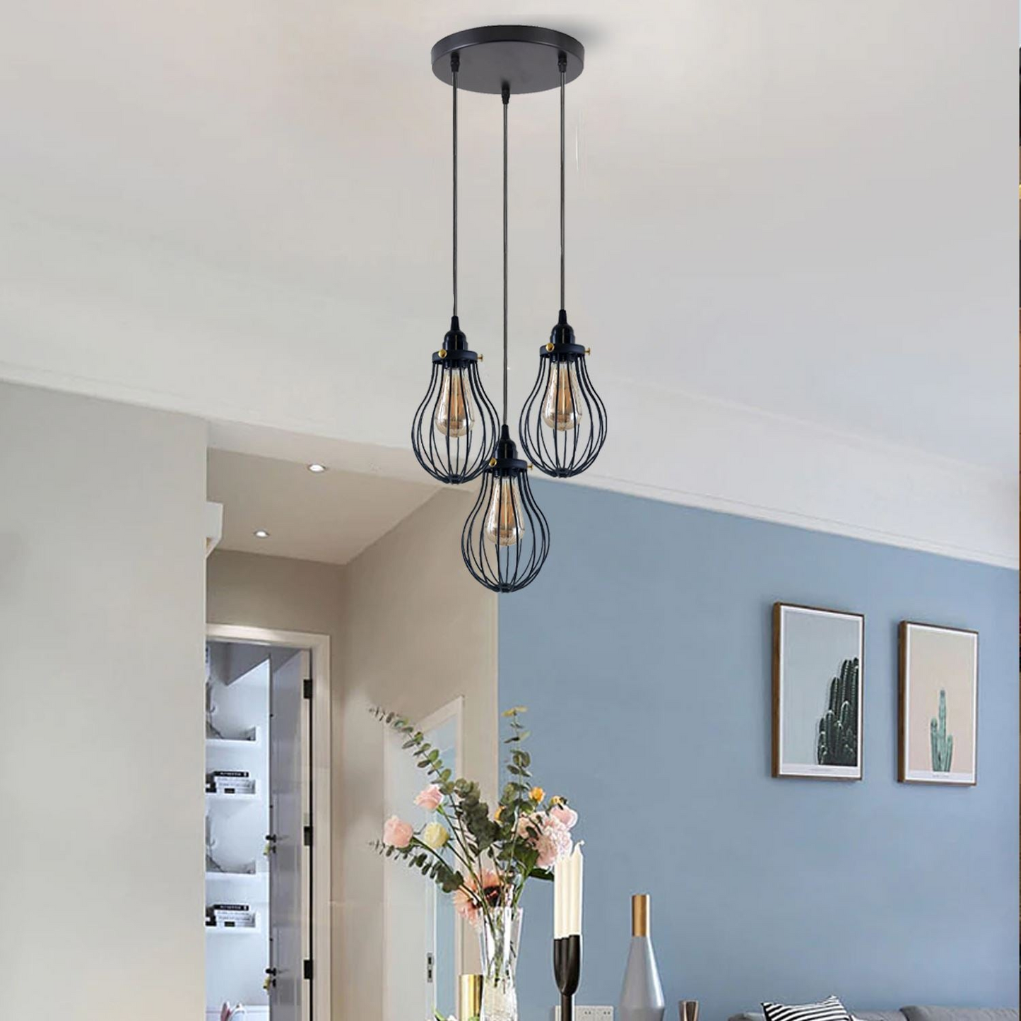 Retro Industrial Black Indoor Hanging Adjustable Pendant Light Big Vase Cage Ceiling Chandelier~3398