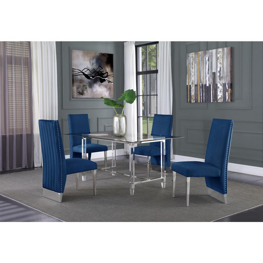 Acrylic Glass 5pc Set Pleated Chairs in Navy Blue Velvet