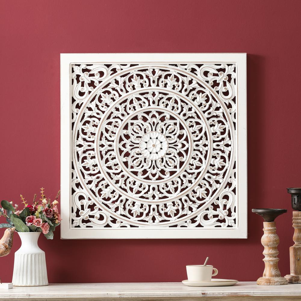 White Wood Square Floral-Patterned Wall Decor