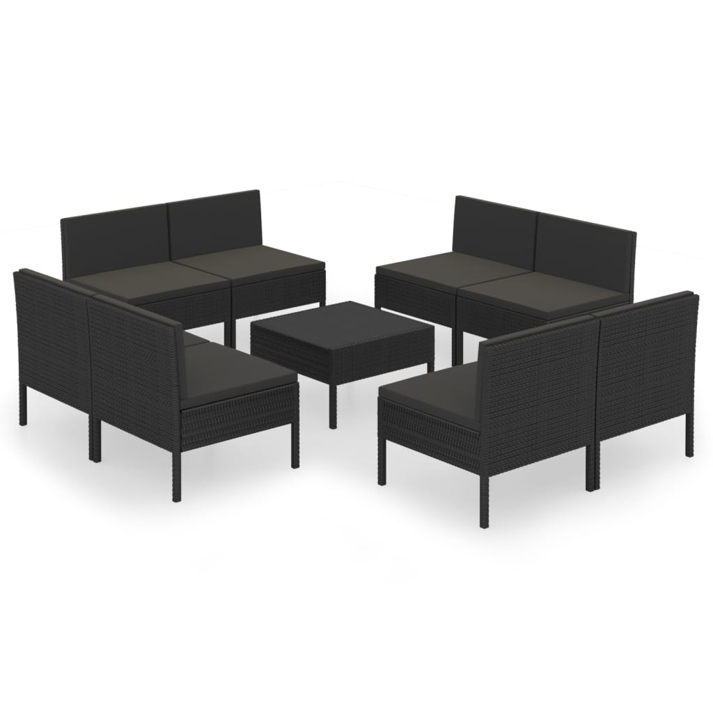 vidaXL 9 Piece Patio Lounge Set with Cushions Poly Rattan Black
