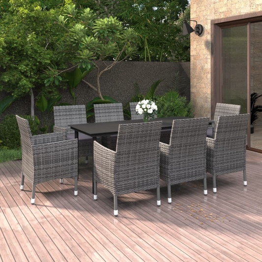 vidaXL 9 Piece Patio Dining Set with Cushions Poly Rattan and Glass