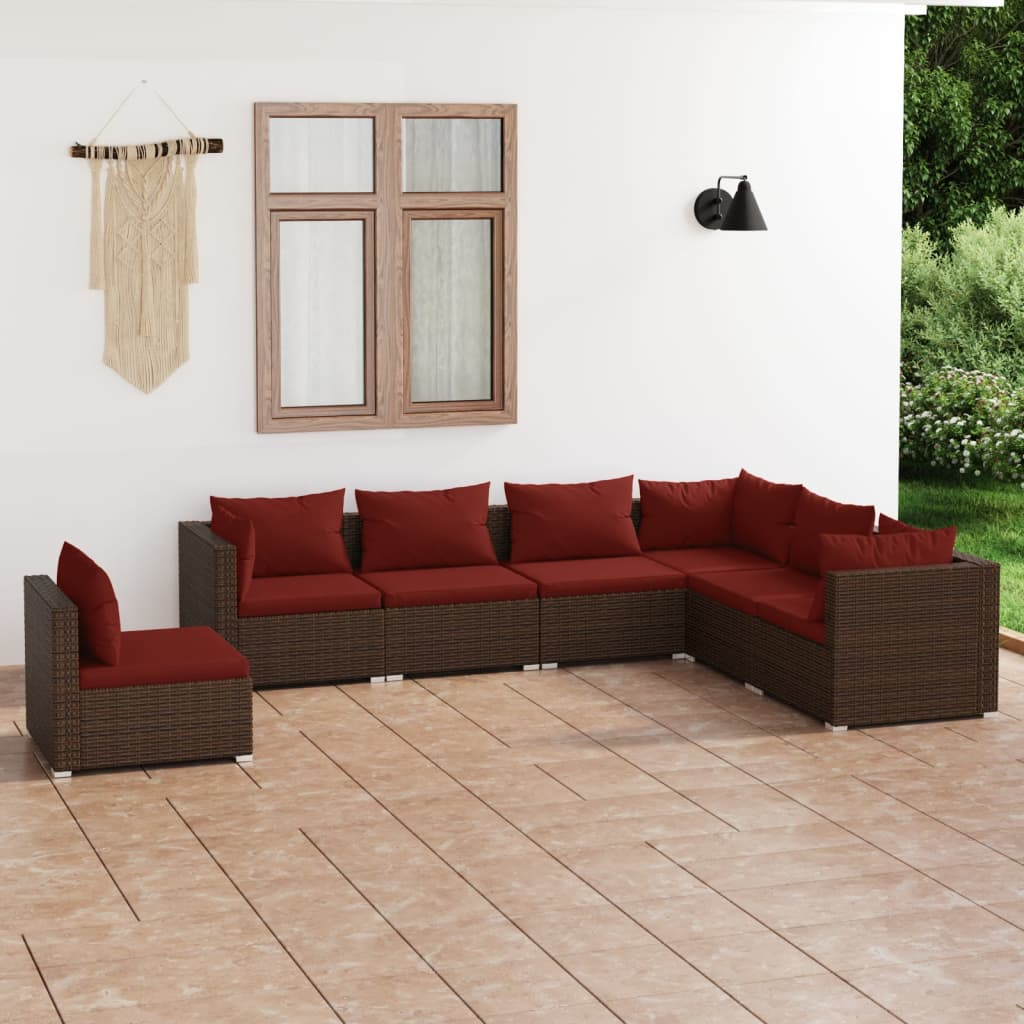 vidaXL 7 Piece Patio Lounge Set with Cushions Poly Rattan Brown