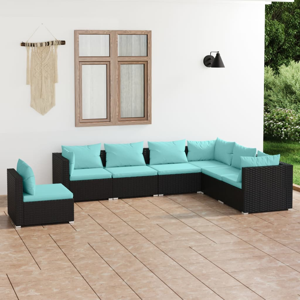 vidaXL 7 Piece Patio Lounge Set with Cushions Poly Rattan Black