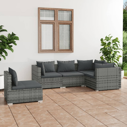 vidaXL 5 Piece Patio Lounge Set with Cushions Poly Rattan Gray