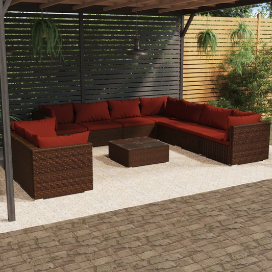 vidaXL 10 Piece Patio Lounge Set with Cushions Brown Poly Rattan