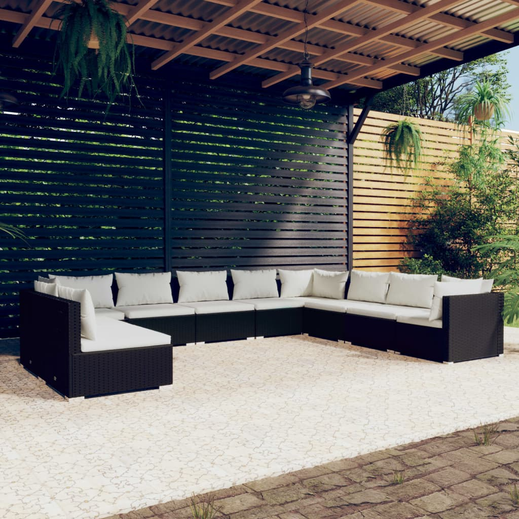 vidaXL 10 Piece Patio Lounge Set with Cushions Black Poly Rattan