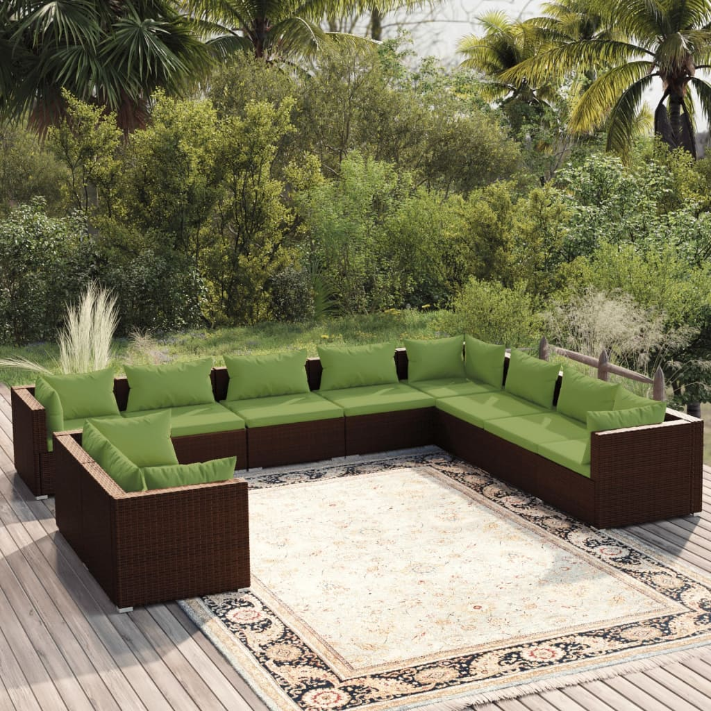 vidaXL 10 Piece Patio Lounge Set with Cushions Brown Poly Rattan