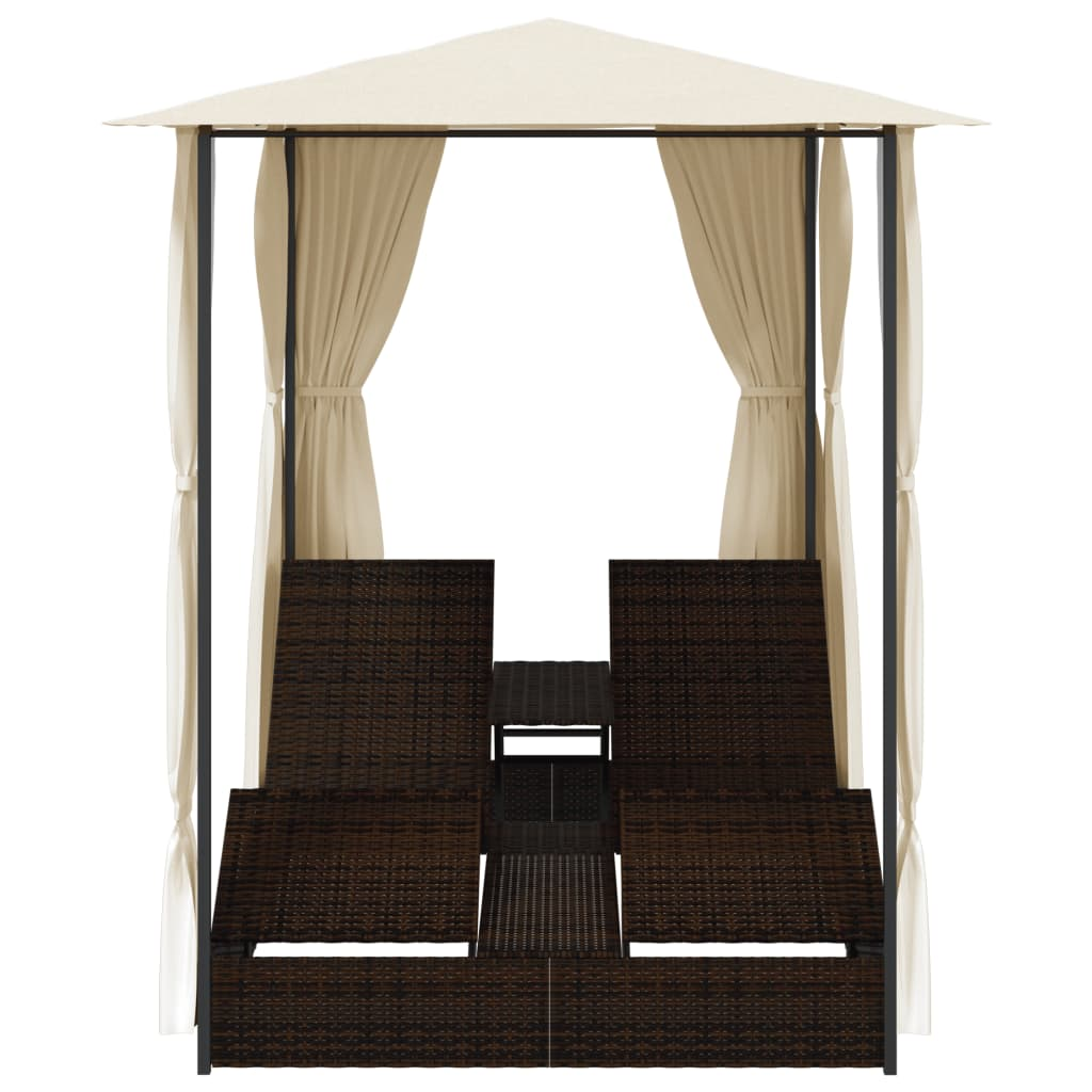 vidaXL Double Sun Lounger with Curtains Poly Rattan Brown