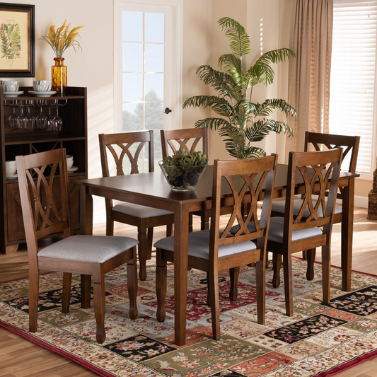 Grey Fabric Upholstered and Walnut Brown Finished Wood 7-Piece Dining Set