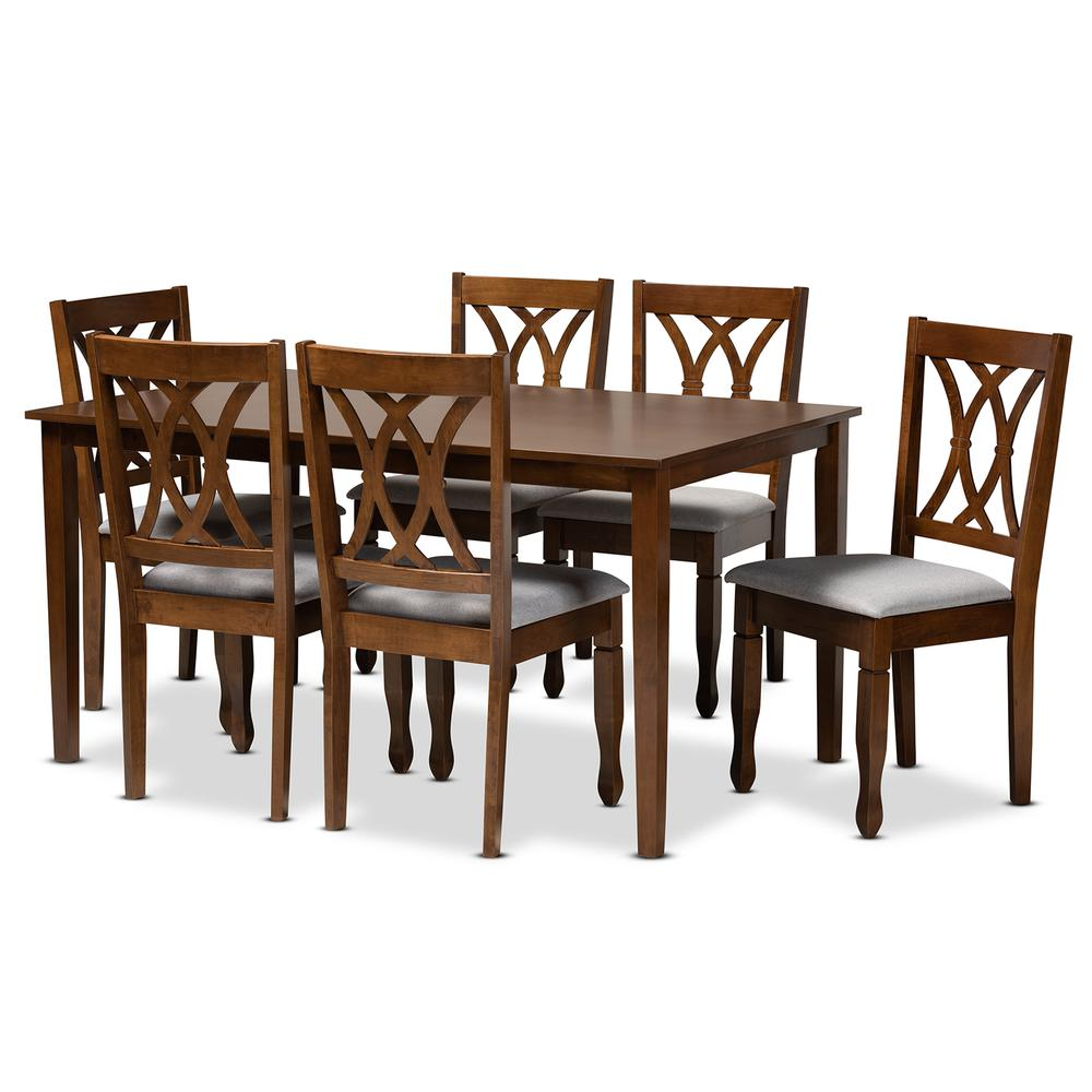 Grey Fabric Upholstered and Walnut Brown Finished Wood 7-Piece Dining Set