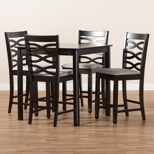 Gray Fabric Upholstered Espresso Brown Finished 5-Piece Wood Pub Set