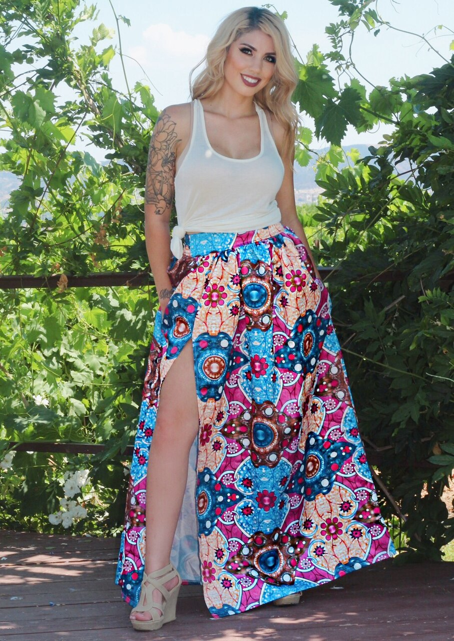 Lorisa African Print Maxi Skirt with Slit