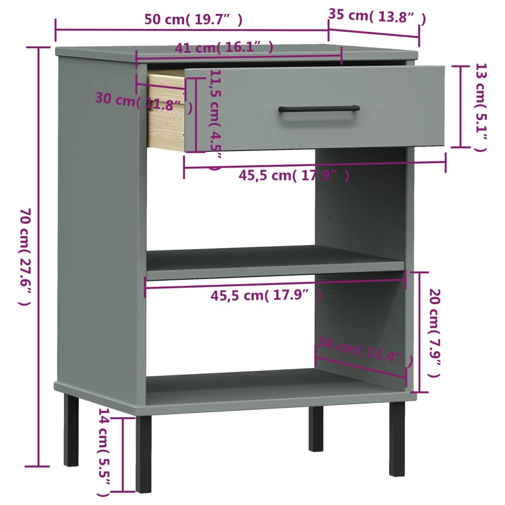 vidaXL Console Cabinet with Metal Legs Gray Solid Wood Pine OSLO