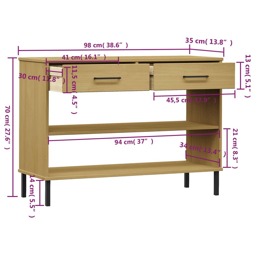 vidaXL Console Cabinet with Metal Legs Brown Solid Wood Pine OSLO