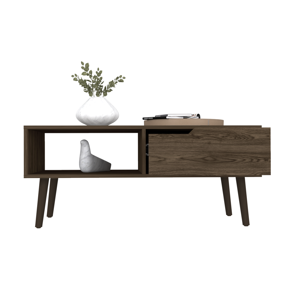 Coffee Table Bull, One Drawer, One Open Shelf, Four Legs, Dark Walnut Finish