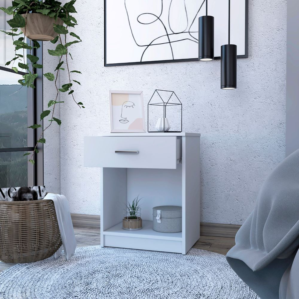 Nightstand Coco, Single Drawer, Lower Shelf, White Finish