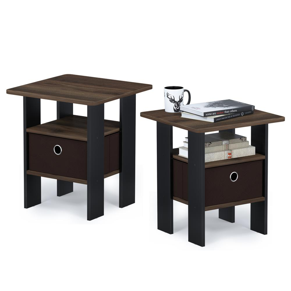 Furinno Andrey End Table Nightstand with Bin Drawer, Columbia Walnut/Dark Brown, Set of 2