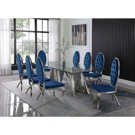 Classic 9pc Dining Set w/Uph Tufted Side Chair, Glass Table w/ Silver Spiral Base, Navy Blue