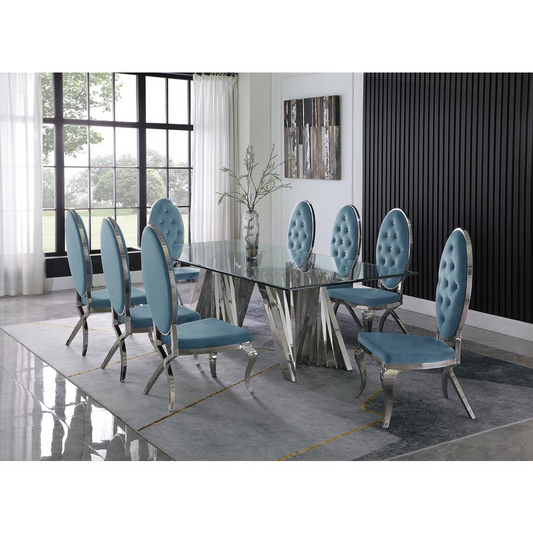 Classic 9pc Dining Set w/Uph Tufted Side Chair, Glass Table w/ Silver Spiral Base, Teal