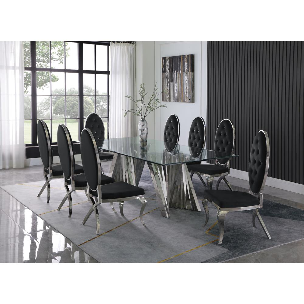 Classic 9pc Dining Set w/Uph Tufted Side Chair, Glass Table w/ Silver Spiral Base, Black