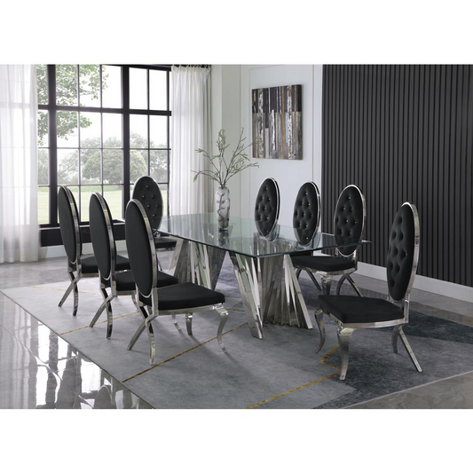Classic 9pc Dining Set w/Uph Tufted Side Chair, Glass Table w/ Silver Spiral Base, Black