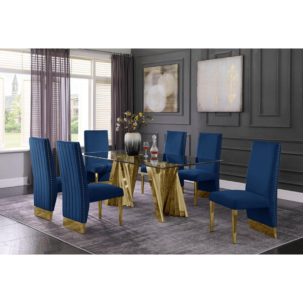 Classic 7pc Dining Set w/Pleated Side Chair, Glass Table w/ Gold Spiral Base, Navy Blue