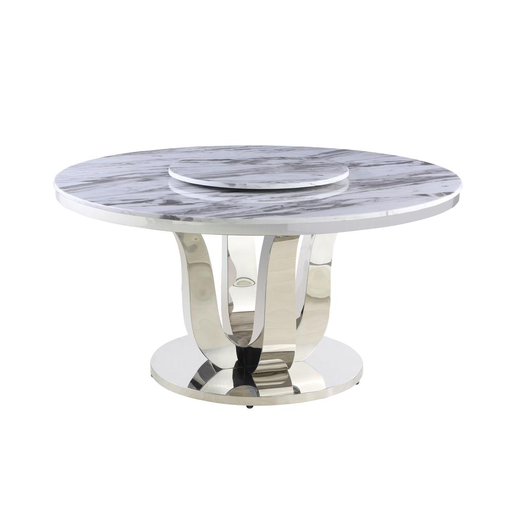 White Marble Lazy-Susan Dining Set Tufted Faux Crystal Chairs in White Faux Leather