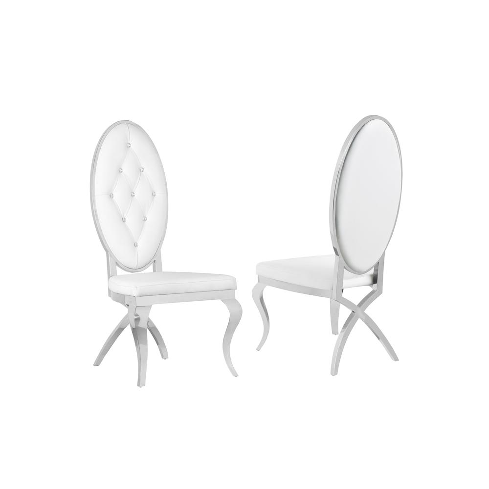 White Marble Lazy-Susan Dining Set Tufted Faux Crystal Chairs in White Faux Leather
