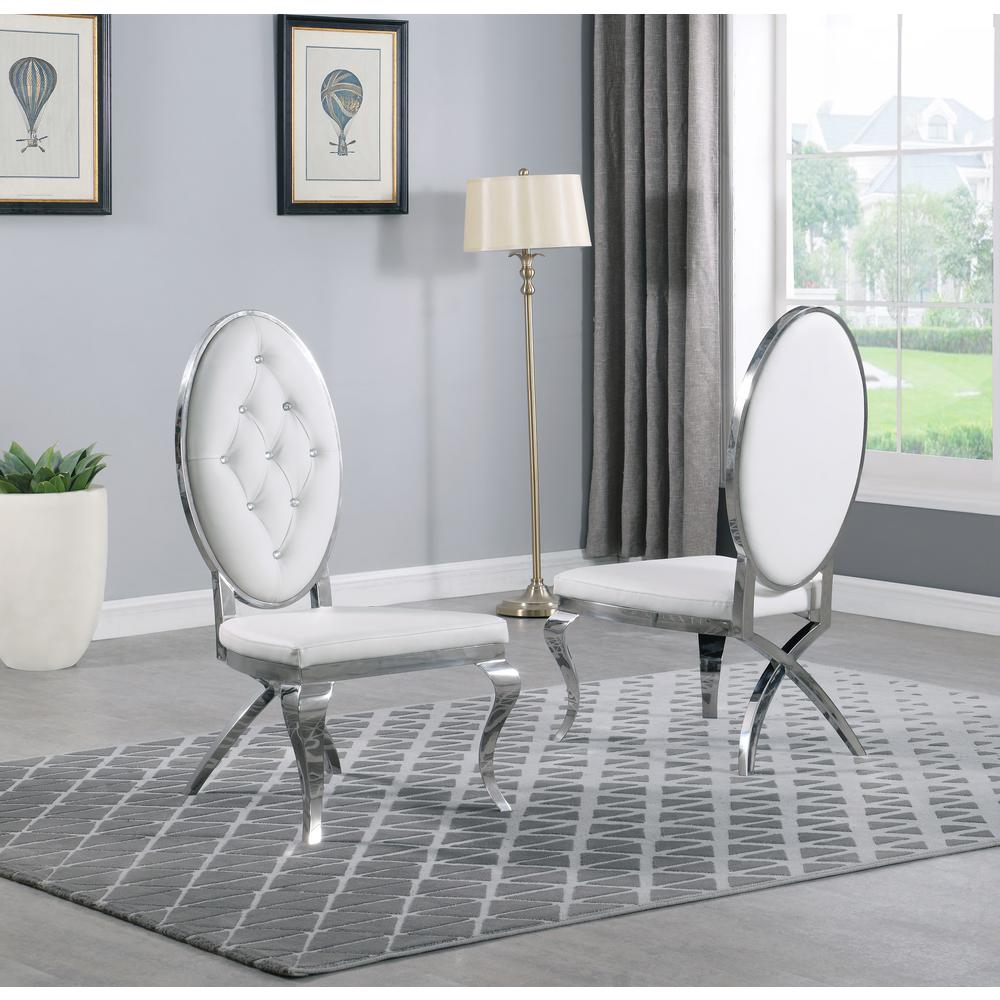 White Marble Lazy-Susan Dining Set Tufted Faux Crystal Chairs in White Faux Leather