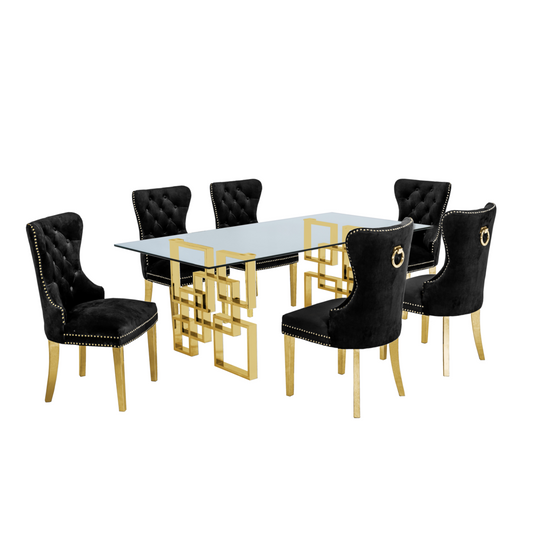 Classic 7 Piece Dining Set With Glass Table Top & Stainless Steel Legs w/Ring Handle, Black