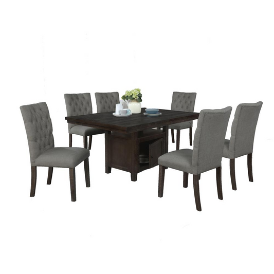 7pc Dining Set w/Uph Chairs Tufted & Table w/Storage, Grey