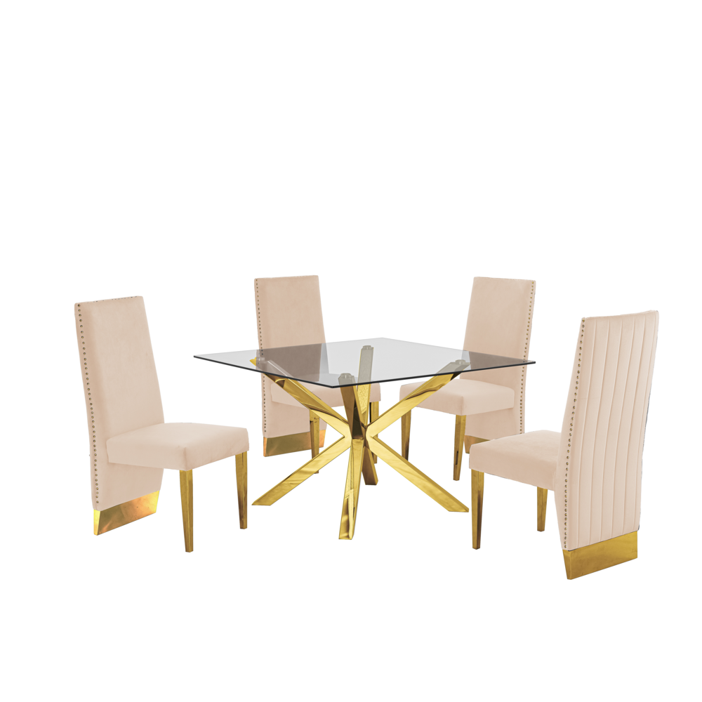 Contemporary Glass 5pc Dining Set, Glass Top Dining Table and Pleated Velvet Uph Dining Chairs with Gold Stainless Steel Frame, Beige