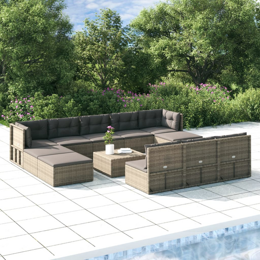 vidaXL 11 Piece Patio Lounge Set with Cushions Gray Poly Rattan