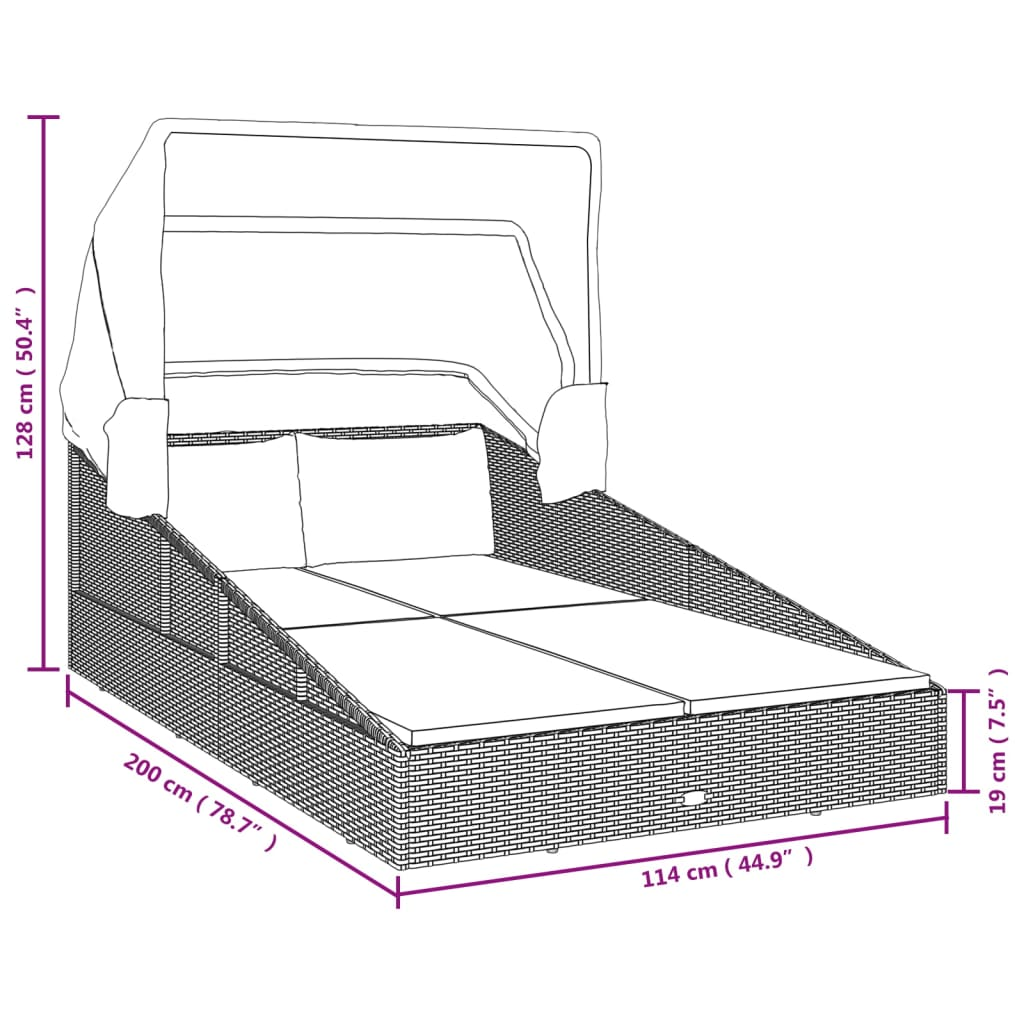 vidaXL Sunbed with Foldable Roof Gray 78.7"x44.9"x50.4" Poly Rattan