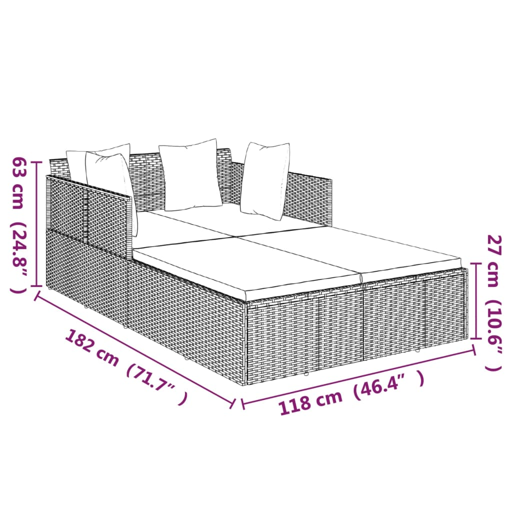 vidaXL Sunbed with Cushions Gray 71.7"x46.5"x24.8" Poly Rattan