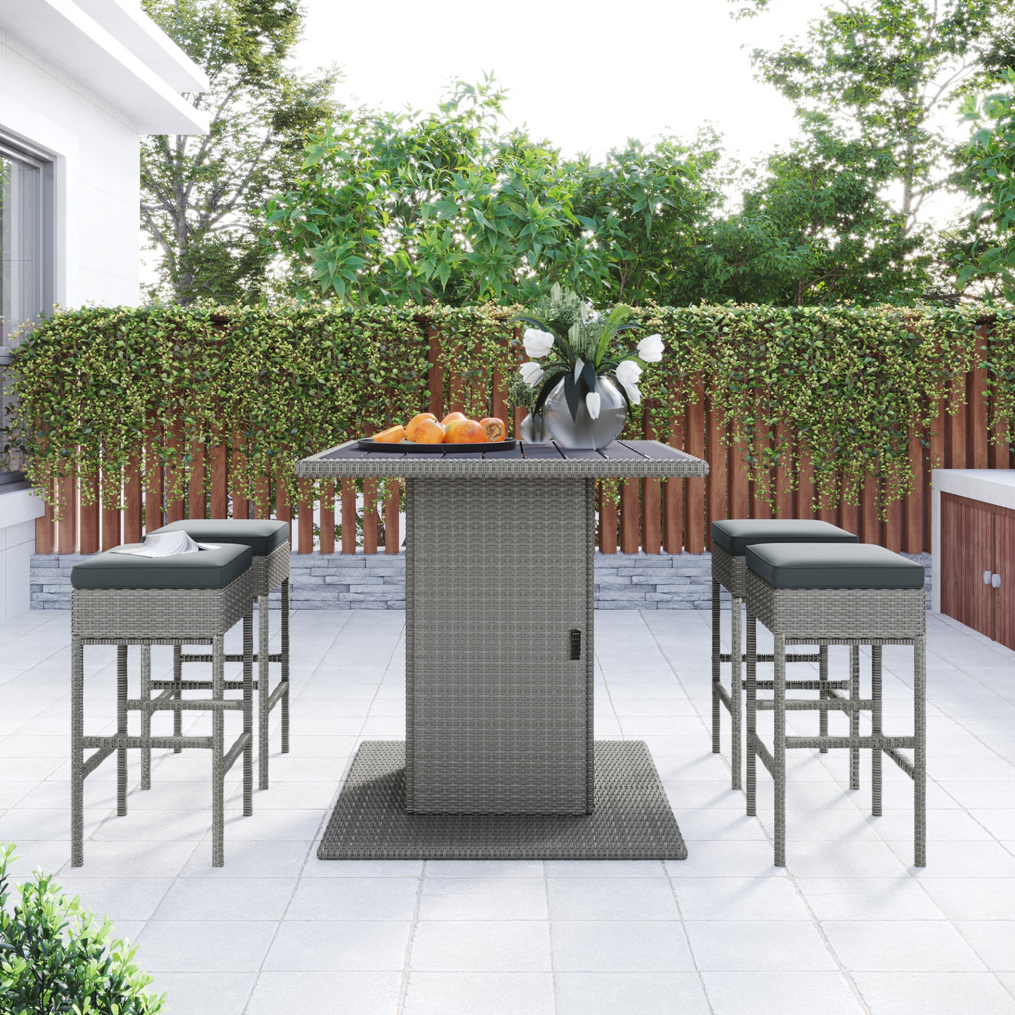 TOPMAX 5-Piece Rattan Dining Table Set with Storage Shelf (Gray)