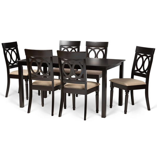 Sand Fabric Upholstered and Dark Brown Finished Wood 7-Piece Dining Set