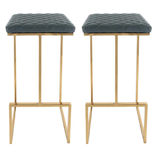 LeisureMod Quincy Leather Bar Stools With Gold Metal Frame Set of 2 Peacock Blue