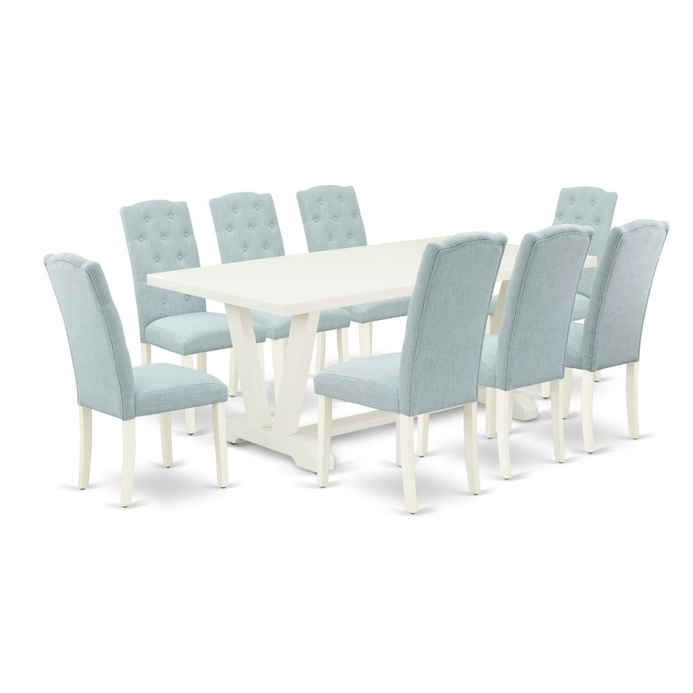 East West Furniture 9-Piece Modern Dining Table Set- 8 Upholstered Dining Chairs with Baby Blue Linen Fabric Seat and Button Tufted Chair Back - Rectangular Table Top & Wooden Legs - Linen White Finis