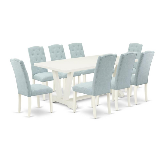 East West Furniture 9-Piece Modern Dining Table Set- 8 Upholstered Dining Chairs with Baby Blue Linen Fabric Seat and Button Tufted Chair Back - Rectangular Table Top & Wooden Legs - Linen White Finis