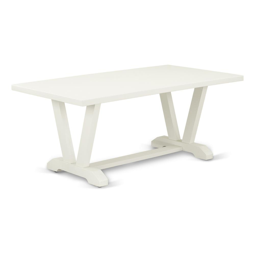 East West Furniture 9-Piece Modern Dining Table Set- 8 Upholstered Dining Chairs with Baby Blue Linen Fabric Seat and Button Tufted Chair Back - Rectangular Table Top & Wooden Legs - Linen White Finis