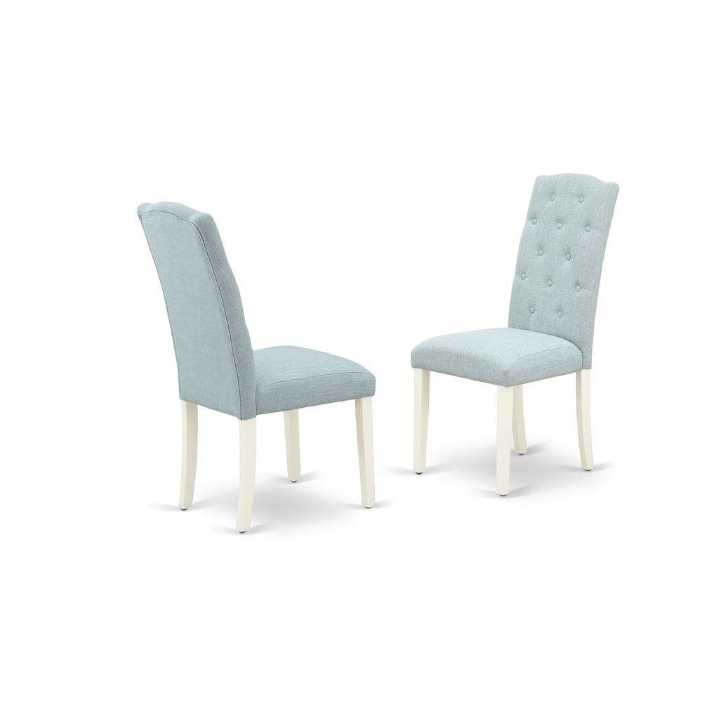 East West Furniture 9-Piece Modern Dining Table Set- 8 Upholstered Dining Chairs with Baby Blue Linen Fabric Seat and Button Tufted Chair Back - Rectangular Table Top & Wooden Legs - Linen White Finis