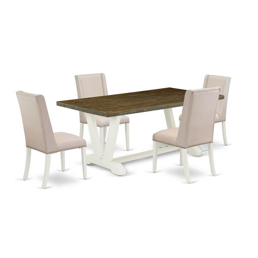 East West Furniture 5-Piece Modern kitchen table set a Superb Distressed Jacobean Color rectangular Table Top and 4 Excellent Linen Fabric Padded Chairs with Nail Heads and Stylish Chair Back, Wire Br