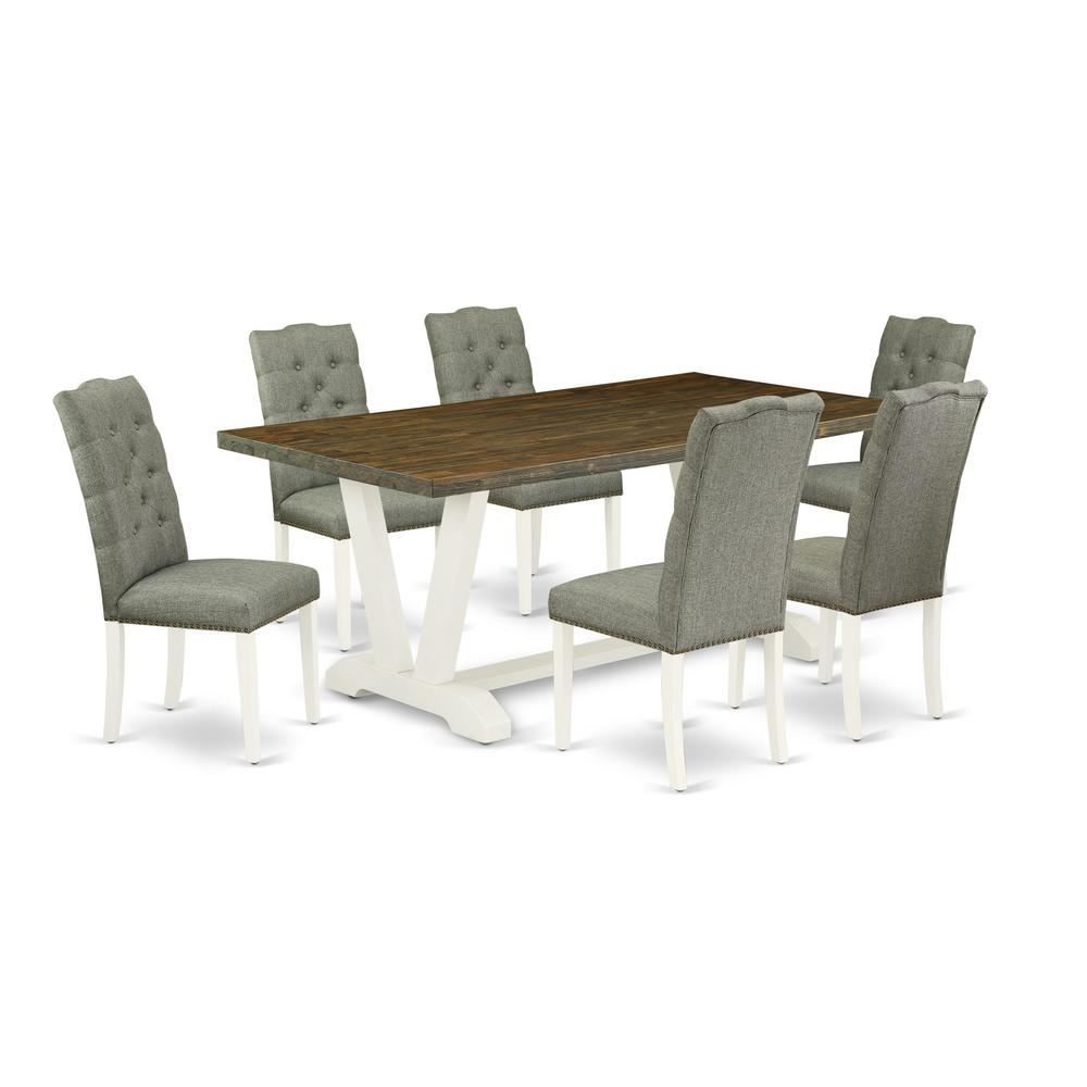 East West Furniture V077EL207-7 7-Piece Kitchen Dining Set- 6 Dining Room Chairs with Smoke Linen Fabric Seat and Button Tufted Chair Back - Rectangular Table Top & Wooden Legs - Distressed Jacobean a