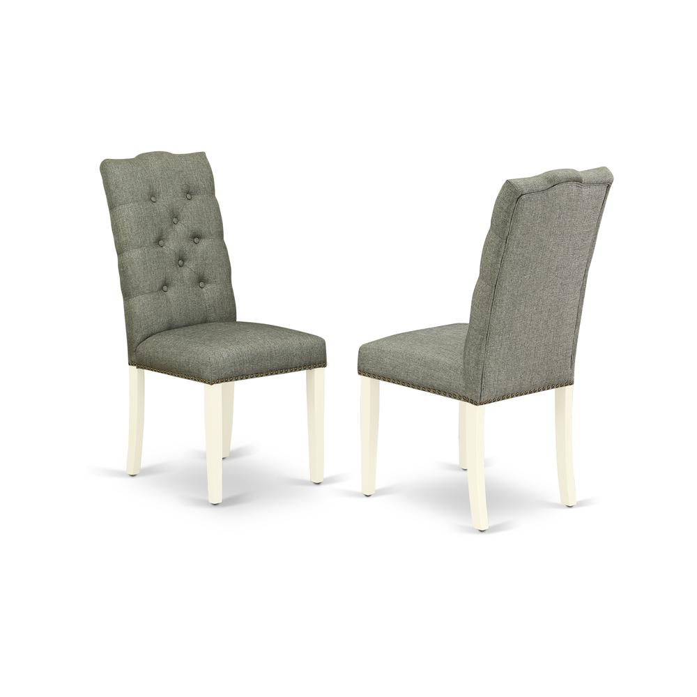 East West Furniture 5-Pc Dining Room Set- 4 Parson Chairs with Smoke Linen Fabric Seat and Button Tufted Chair Back - Rectangular Table Top & Wooden Legs - Cement and Linen White Finish
