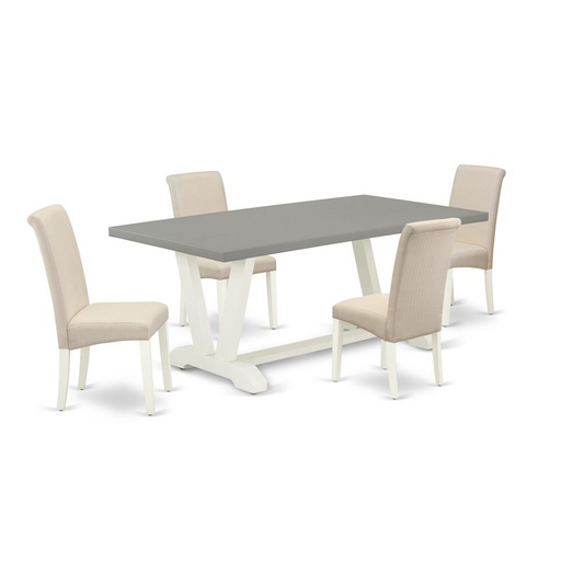 East West Furniture V097BA201-5 5-Piece Awesome Rectangular Dining Room Table Set a Superb Cement Color Wood Table Top and 4 Awesome Linen Fabric Dining Chairs with High Roll Chair Back, Linen White F