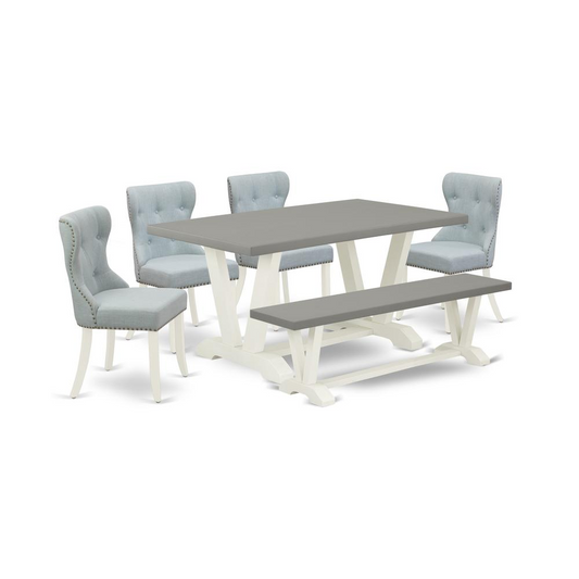 East West Furniture V096SI215-6 6-Piece Dining Room Table Set- 4 Parson Chairs with Baby Blue Linen Fabric Seat and Button Tufted Chair Back - Rectangular Top & Wooden Legs dining table and Bench - Ce