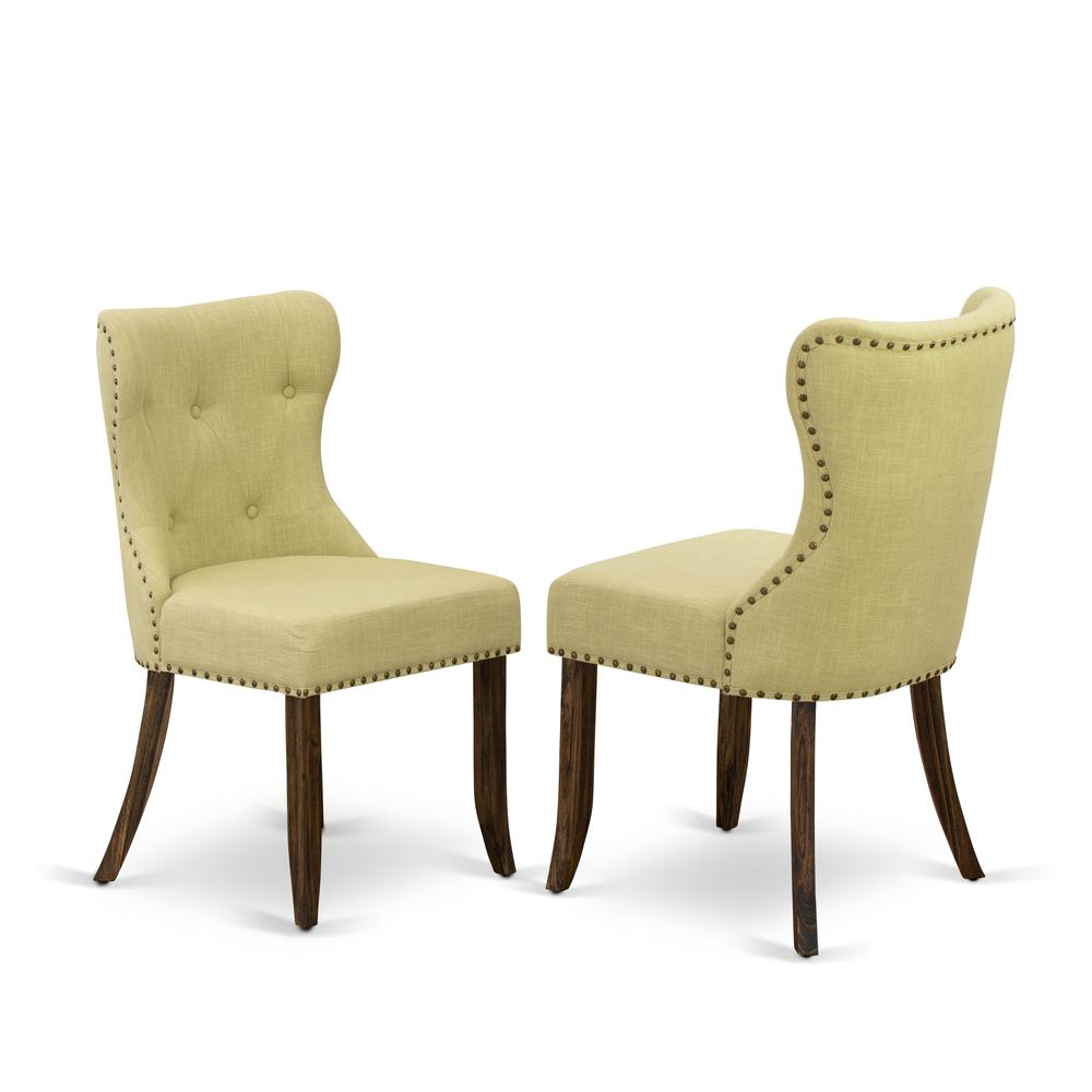 East West Furniture V777SI737-7 7-Pc Kitchen Dining Room Set- 6 Dining Room Chairs with Limelight Linen Fabric Seat and Button Tufted Chair Back - Rectangular Table Top & Wooden Legs - Distressed Jaco