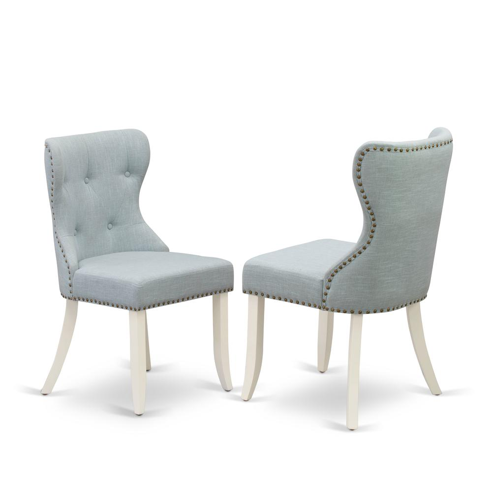 East West Furniture X097SI215-6 6-Piece Dining Table Set- 4 Dining Room Chairs with Baby Blue Linen Fabric Seat and Button Tufted Chair Back - Rectangular Top & Wooden Cross Legs Dining Room Table and